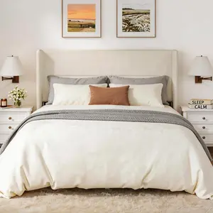 Queen Size Bed Frame with Tufted Wingback Headboard, Velvet Upholstered Platform Bed with Strong Wood Slats, No Box Spring Needed, Easy Assembly, Beige