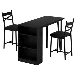 Bar Table Set of 2 with 3 Storage Shelves, Extendable Dining Table with 2 Cushioned Chairs, Small 3Pcs Counter Height Table Set for Kitchen, Coffee Shop, Black