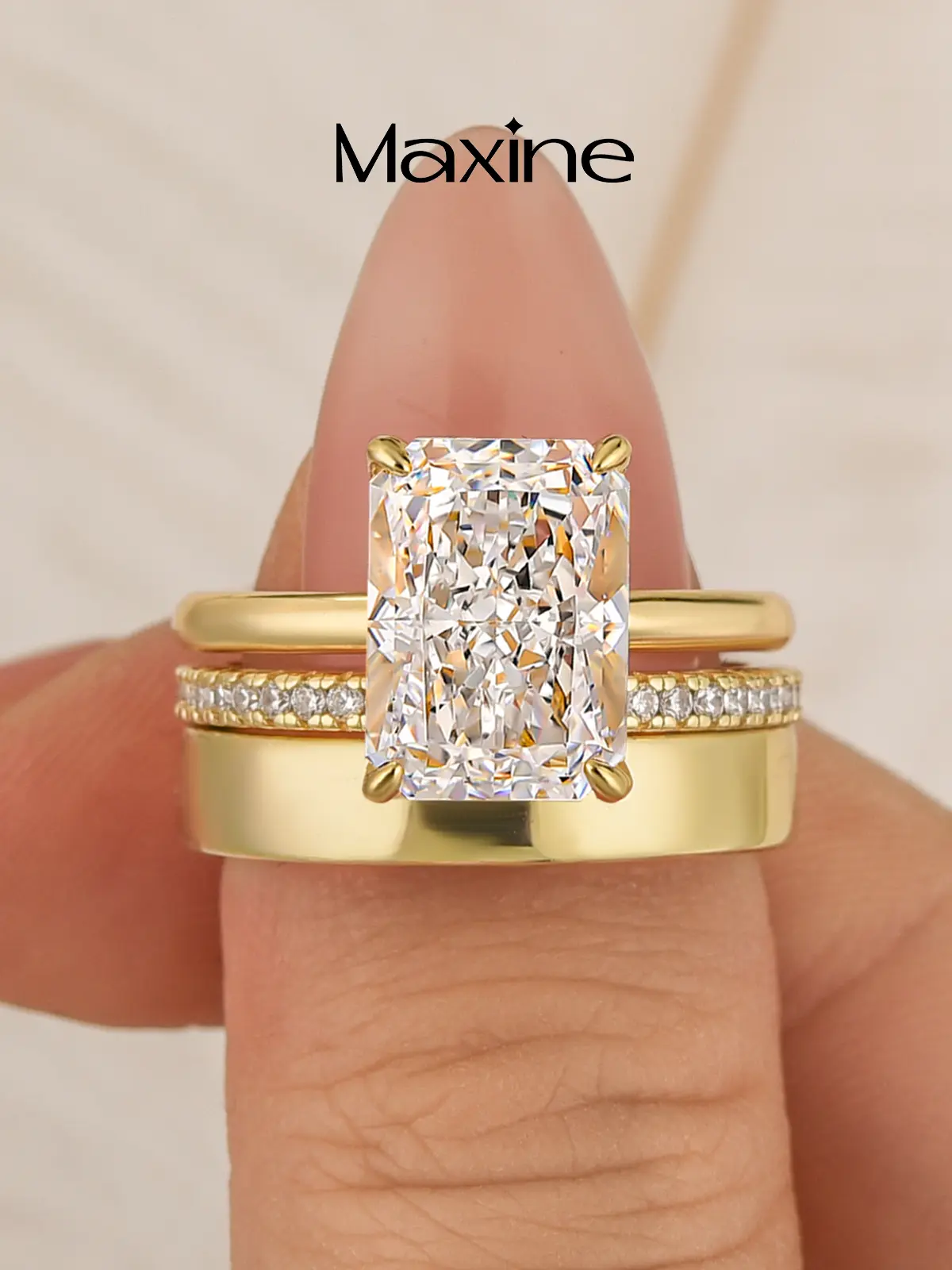 Maxine 14K Gold Plated 4.5ct Radiant Cut Wedding Ring Set,Stackable Thick Band,Solitaire Elongated Engagement Ring Set,Travel Friendly Daily Fine Jewelry