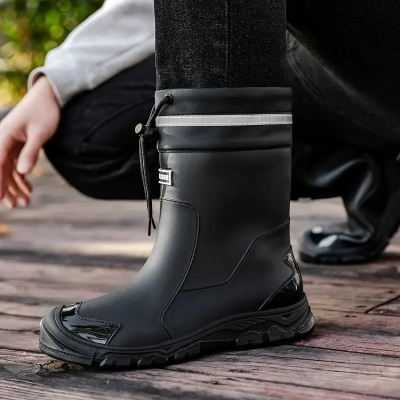 Men’s Mid-Calf Black Waterproof Rain Boots - Stylish Footwear with Adjustable Drawstring Reflective Top Seal, Heavy-Duty Anti-Slip Rubber Mud Work Shoes for Work & Play Outdoor Use