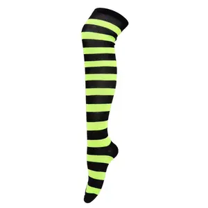 Striped Patterned Socks (Thigh High) Lime Green and Black