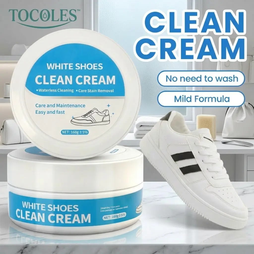 No-Wash Solid White Shoe Cleaner Cream (160g Weight, 1-Count) - Simple Shoe Cleaning Stain Removal Formula with Sponge, Gentle, Non-Irritating, Eco-Friendly for Sports Footwear, Leather Car Interiors, Plastic Jar
