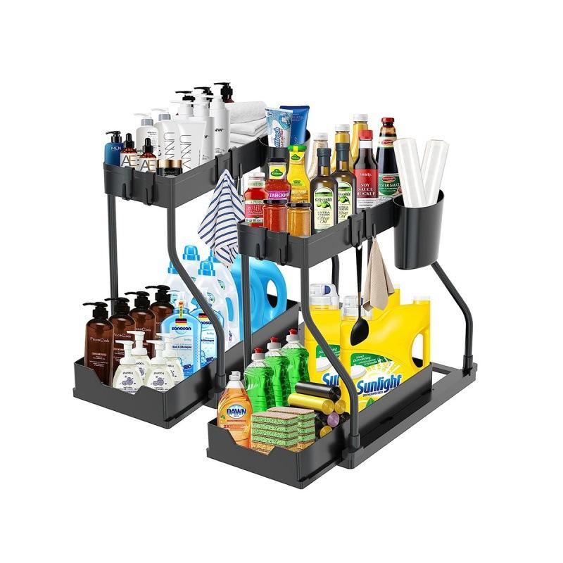 2-Layer Pull-Out Storage Rack with Adjustable Divider Drawer Organizer Large-Capacity Sliding Shelf for Kitchen & Bathroom Space-Saving Dish Rack Dual-Layer Under Sink Storage Plastic Organizer with Hook for Cabinet Storage