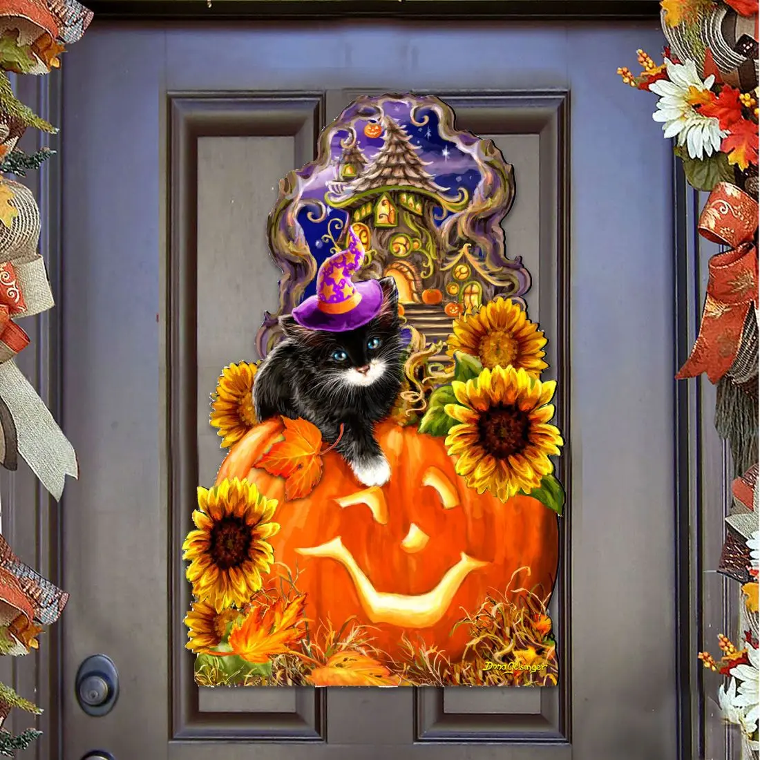 Designocracy 8461066H-DG Halloween Rectangular Wood Plywood Kitten-in-Pumpkin Door & Wall Hanger, 24x18 in., UV-Coated Mountable Art, Family Gift for Artistic Studio Home Decor