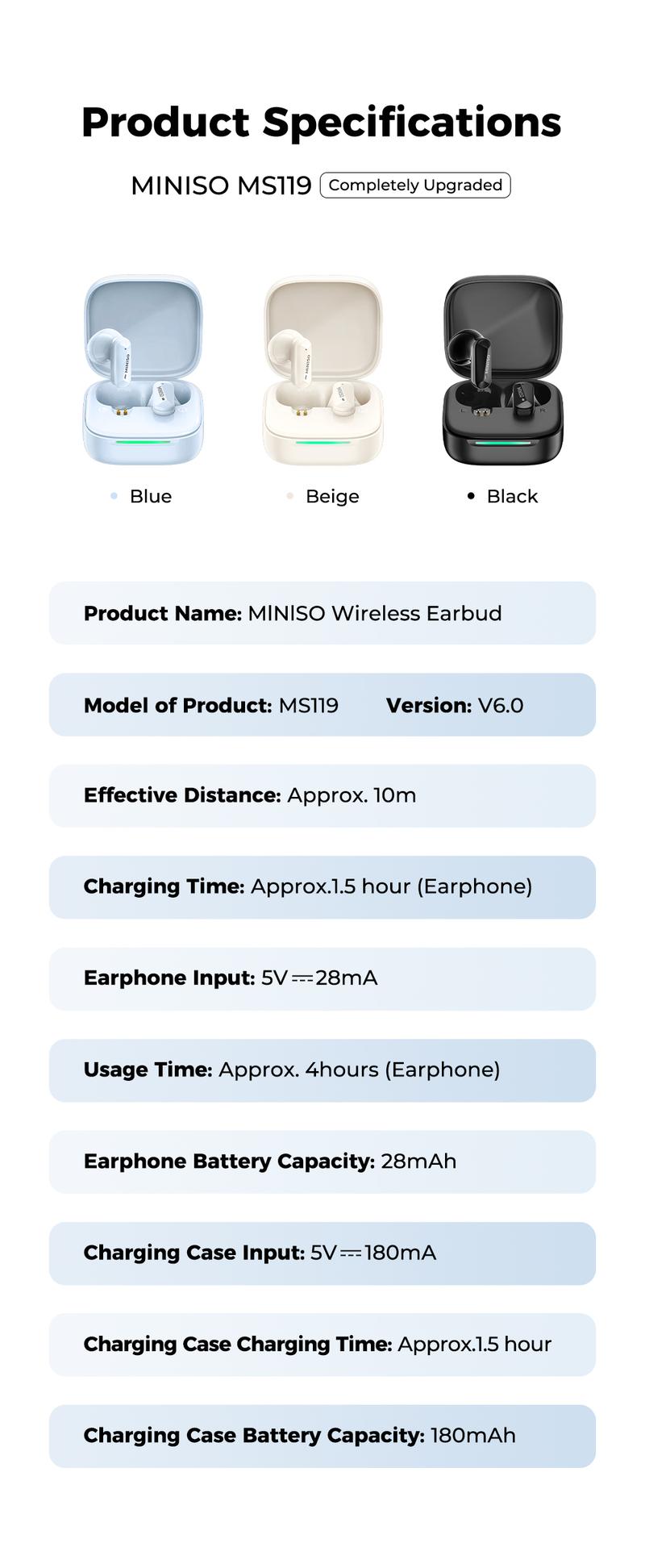 MINISO MS119 TWS True Wireless Earbuds Bluetooth Headphones, Bluetooth 6.0, 30H Long Playtime, IPX5 Water-Resistant, 2 Mics for Clear Calls, Deep Bass Sound Earphones