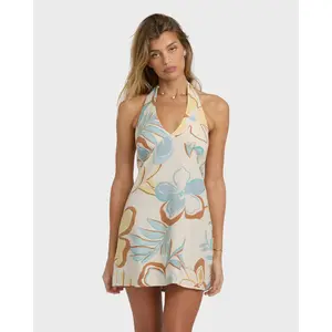BILLABONG Women's Sunny Sometimes Dress, Smocked Back Halter Mini Dress, Tie Neck Fitted Bodice Easy Skirt, Summer Vacation Beach Dress