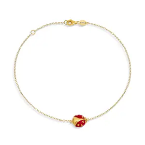 Red Ladybug Garden Charm Anklet Link Ankle Bracelet Gold Plated Sterling Silver Adjustable 9 To 10 Inch With Extender
