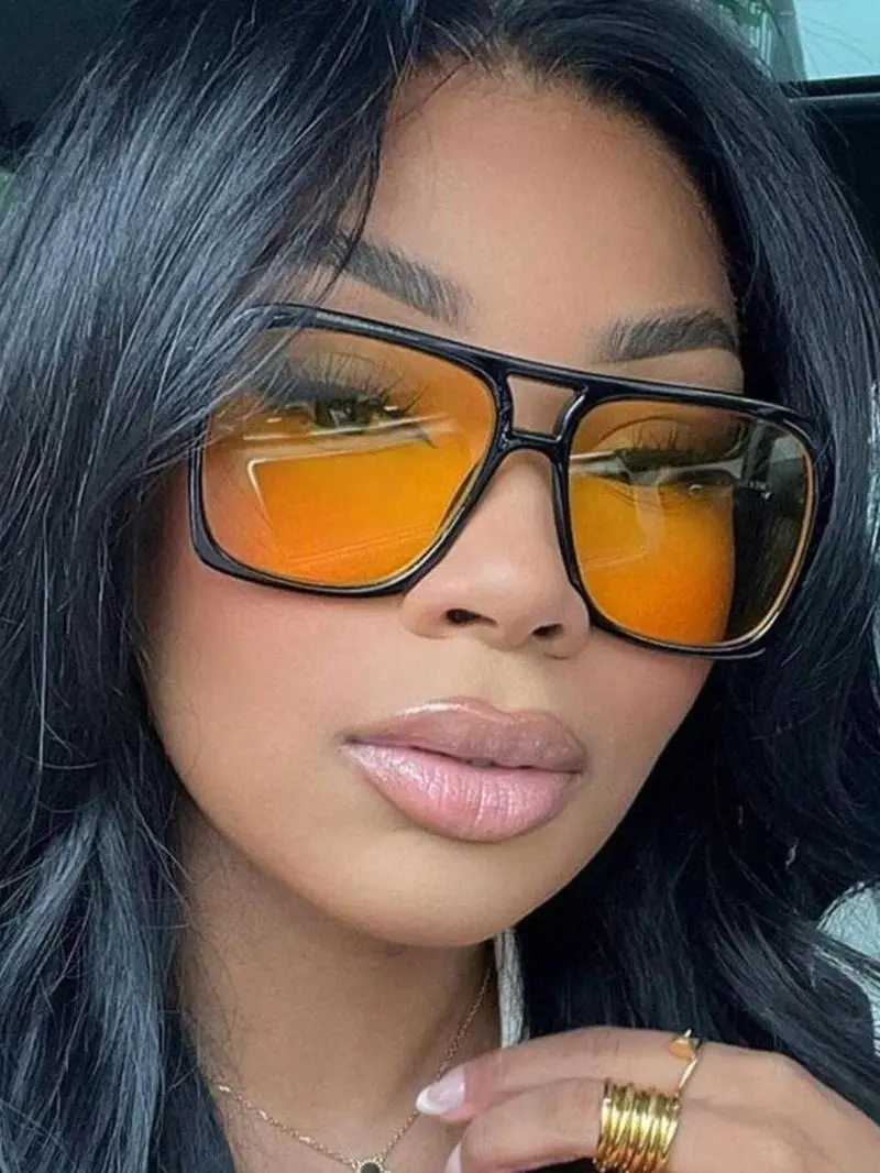 ShineThru Modern Trendy Sunglasses - 1 Pair Unisex Fashionable Glasses, Retro Double-Bridge Square PC Full-Rim Rectangle Metal Frame, Lightweight Comfortable, UV-Protection Lens, Ideal for Daily Wear/Outdoor Use, Top Couple Gift