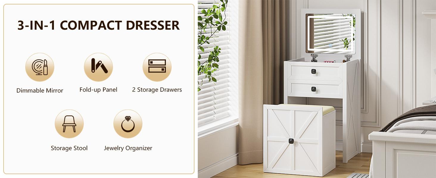 Miuvanity Farmhouse 3 in 1 Vanity with Mirror, 3-Color Adjustable Lighting, Cushioned Stool for Bedroom Organization & Beauty Routines