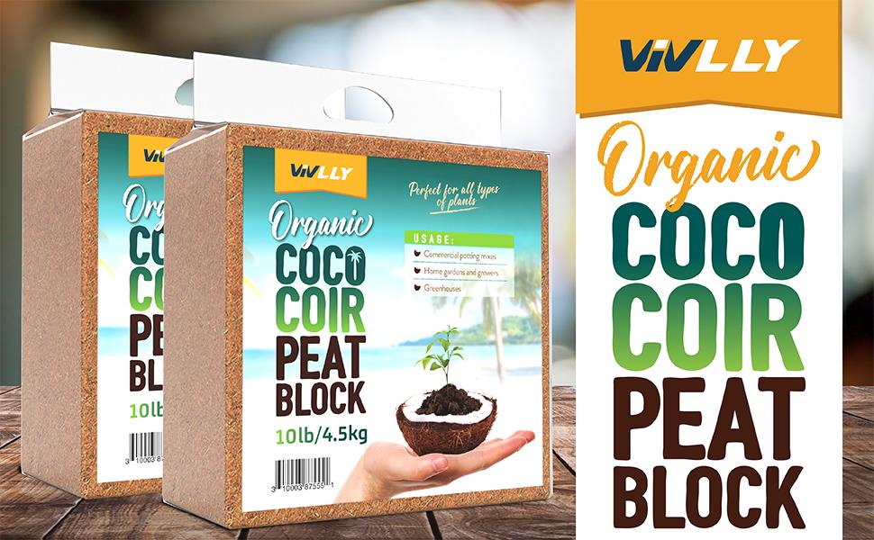 Vivlly Coconut Coco Coir Brick 10lb - Expands in Water Organic Potting Soil for Indoor Plants & More Premium pH-Adjusted Cocopeat Peat Ph Balance - Garden
