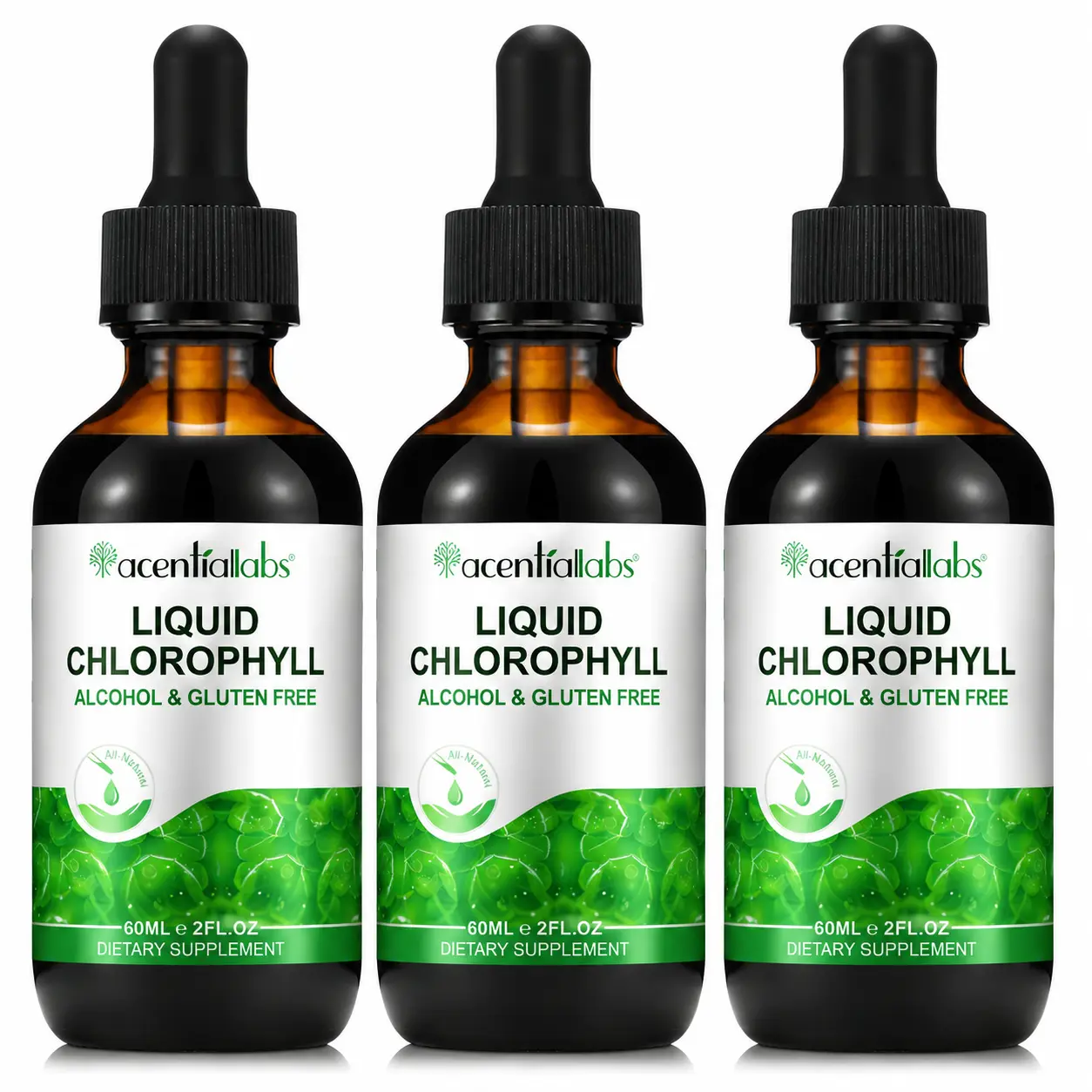 Acentiallabs 3 Pack Liquid Chlorophyll Drops 2 oz Vegan Non Diluted Natural Peppermint Flavor Plant Based Water Enhancer Green Drink Drops Gluten Free Non GMO 4 Month Supply