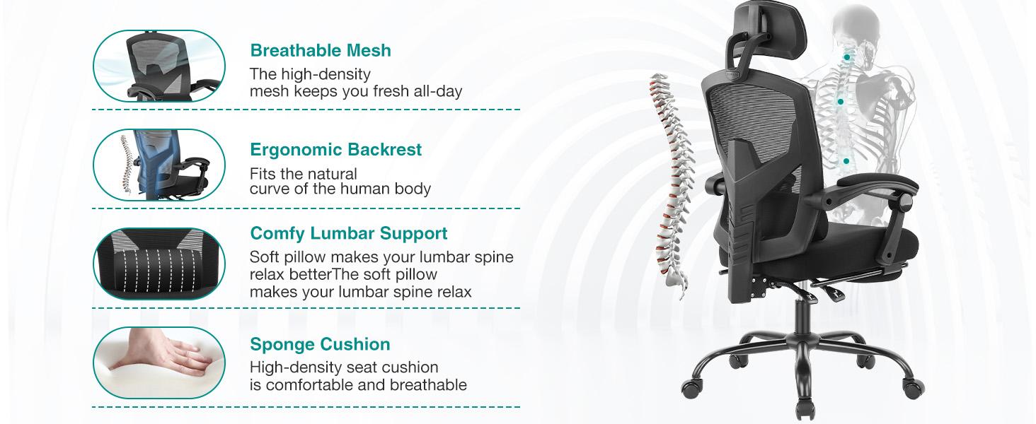 Sweetcrispy Plus Mesh Office Chair, with Lumbar Pillow & Retractable Footrest, with Padded Armrests and Adjustable Headrest, Height Adjustable