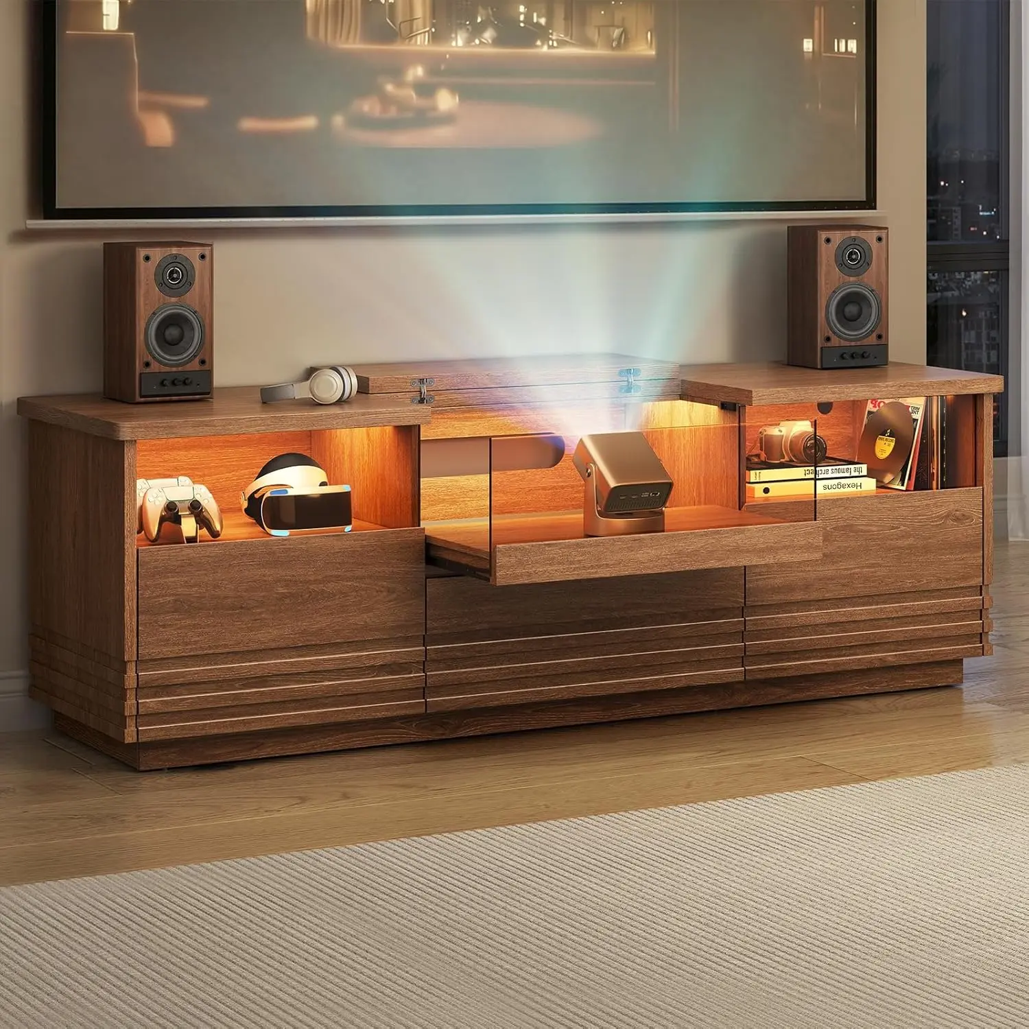 [SummerSale] Sikaic Fluted TV Stand with Projector Platform and RGB LED Lights, 63 Inch Mid-Century Modern Media Console with Tempered Glass Display, Walnut Brown, Home Furniture, Dorm Essentials