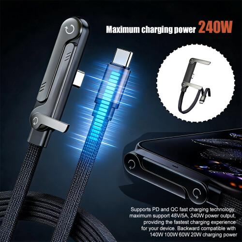 240W Fast Charging Cable Type C 5 FT, Invisible Stand Charging Cable, Flat 30 W Lightning Cable,65 W Type A Cable Right Angle，for iPhone 17 Series, Samsung Galaxy S25 S24 Ultra etc (BlacK)