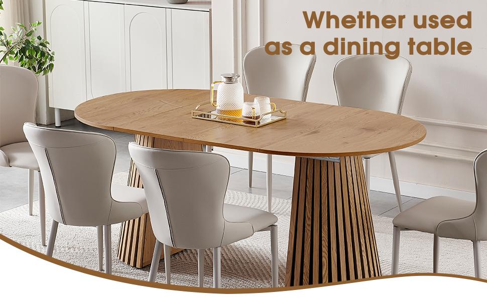39.37-70.87 Inche Extendable Dining Table, Space Saving Oval Wood Tabletop & Slatted Legs, Flexible Multi-Functional for Kitchen Office Living Room, Natural Wood Color