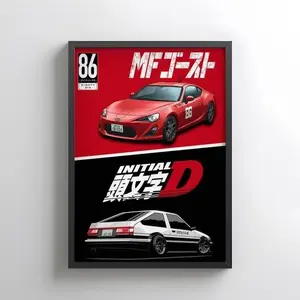 Initial D & MF Ghost Digital Print Art - Retro Car Culture Wall Art - Minimalist Eurobeat Anime Decor - Unframed Vintage Racing Aesthetic Poster Print