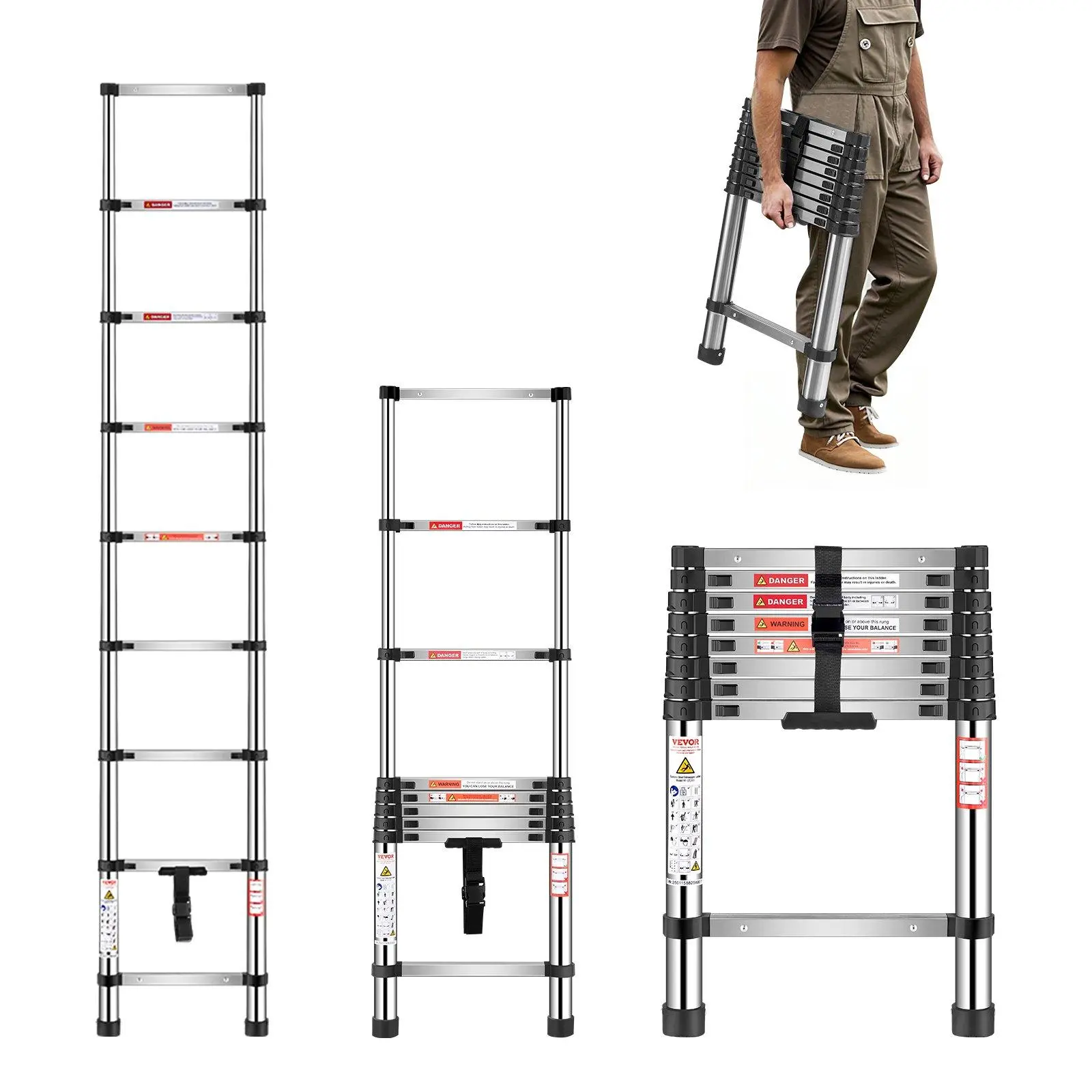 【Summerfinds】VEVOR Sturdy Portable Retractable Stainless Steel Folding Telescopic Ladder, 8.5 ft Height-Adjust Extension Step Ladder for Commercial Use, Sturdy Portable Ladder
