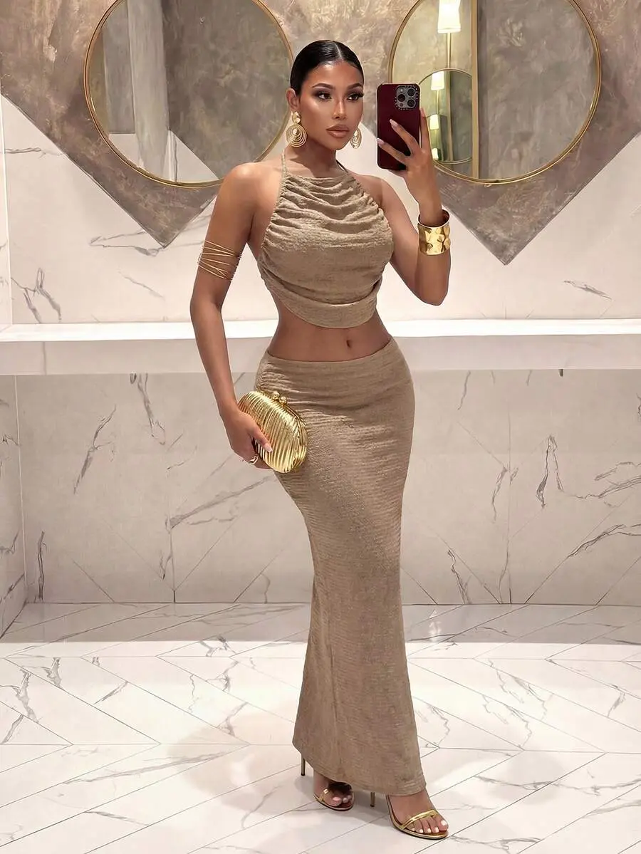 Women's Backless Halter Top & Mini Skirt 2 Piece Set Sexy Summer Beach Vacation Party Outfit