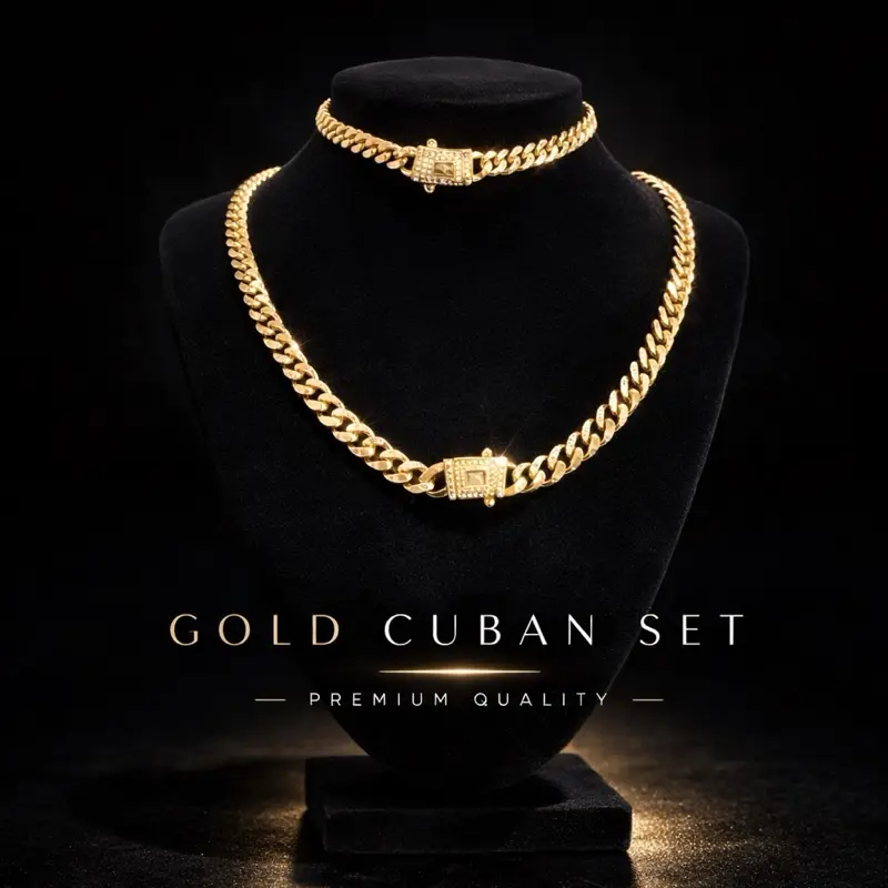 2-Piece Gold Tone Cuban Link Chain Set, Stainless Steel Hip Hop Necklace and Bracelet for Casual Everyday Streetwear