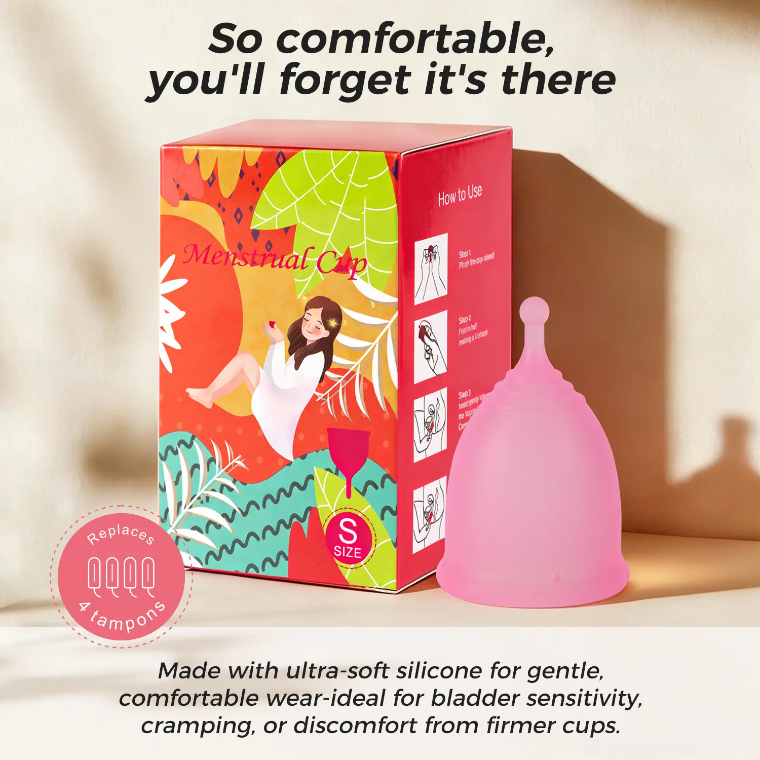 Reusable Silicone Menstrual Cup for Sensitive Skin, 12-Hour Leak-Proof Protection, 25-32ml Capacity, Unscented, Reusability, All Skin Types, Period Cup, Non-Medical, Blood Flow Control, Single Item, Pink-L, Cup Shape