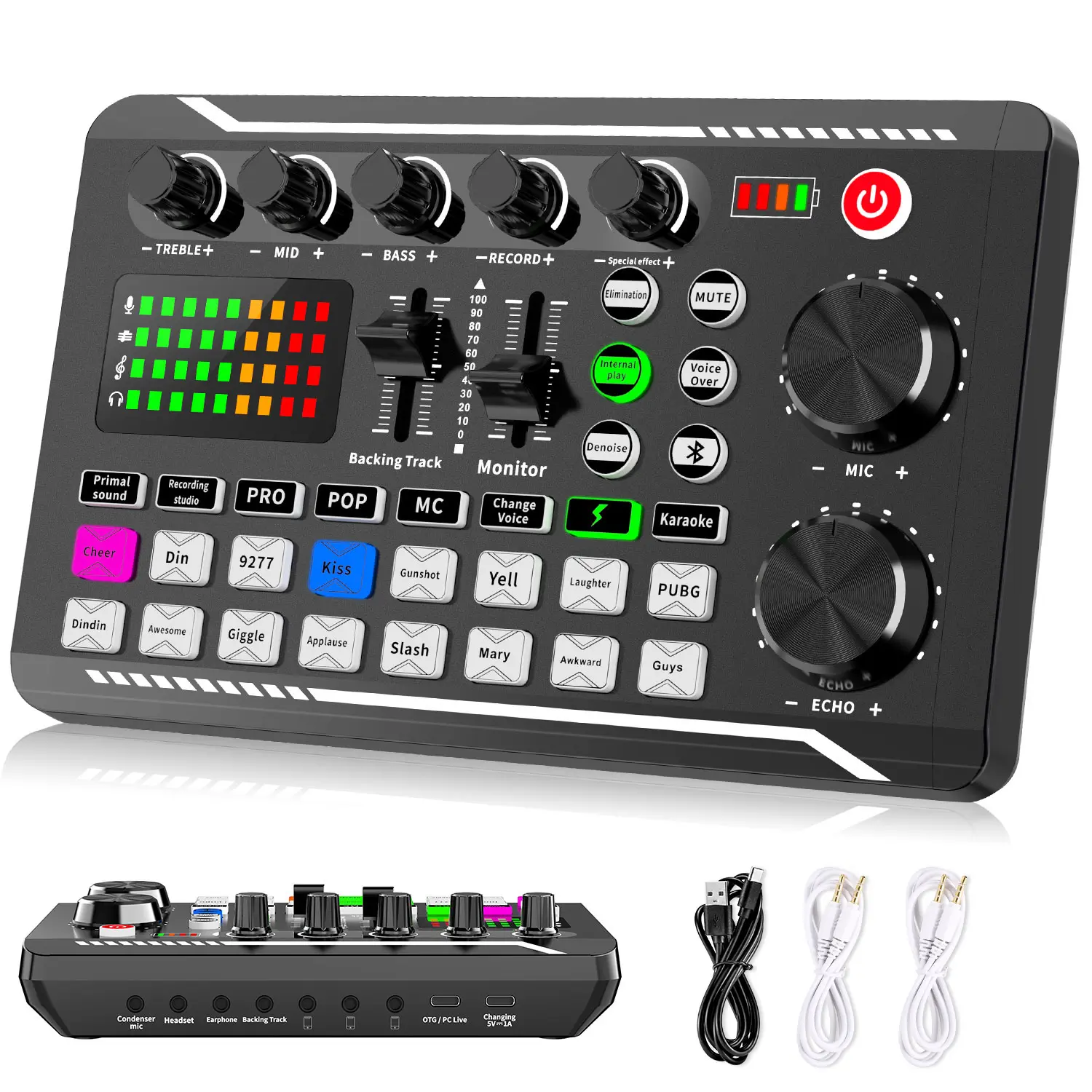 Facmogu F998 Colorful Adjustable USB Audio Mixer - Plug-and-Play Wireless Audio Interface, DJ Mixer Effects, Voice Changer, Podcast Equipment for PS4/PS5 Karaoke, Streaming, Recording