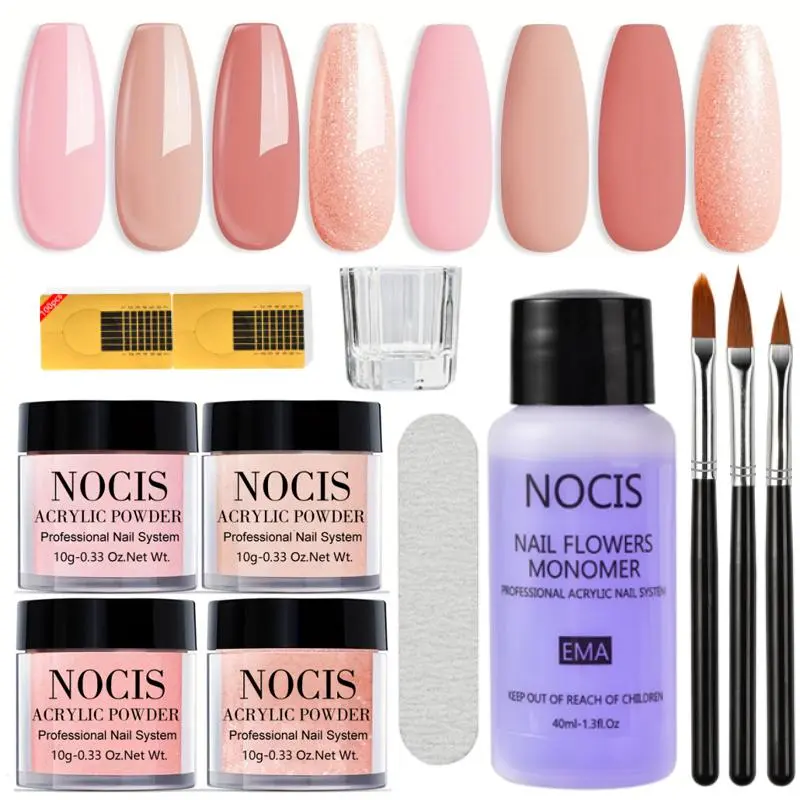 Acrylic Nail Starter Kit, 1 Set Glitter Nude Nail Powder & Monomer Liquid & Brush & Nail Files & Forms & Extensions Tool for Salon Or DIY Home Use, Nail Tech Supplies, Acrylic Nails Kit