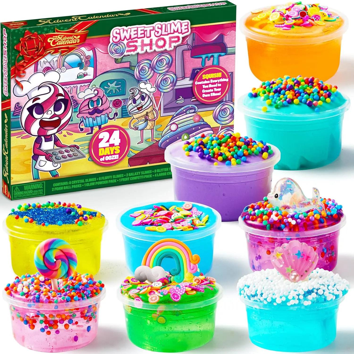 2025 Christmas Advent Calendar 24 Days, 16 DIY Slime, Foam Balls,Fruit Slices & Glow in The Dark Powder,Christmas Countdown for Kids Party Favors,Xmas Gift Classroom Prizes,Slime Advent Calendar