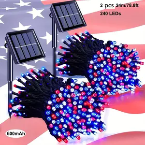2pcs Solar LED String Fairy Lights Outdoor, July 4th Solar Powered LED String Holiday Lights 8 Modes For Independence Day Indoor Outdoor Christmas Tree Wedding Party Bedroom Courtyard Decoration (Red & Blue & White)