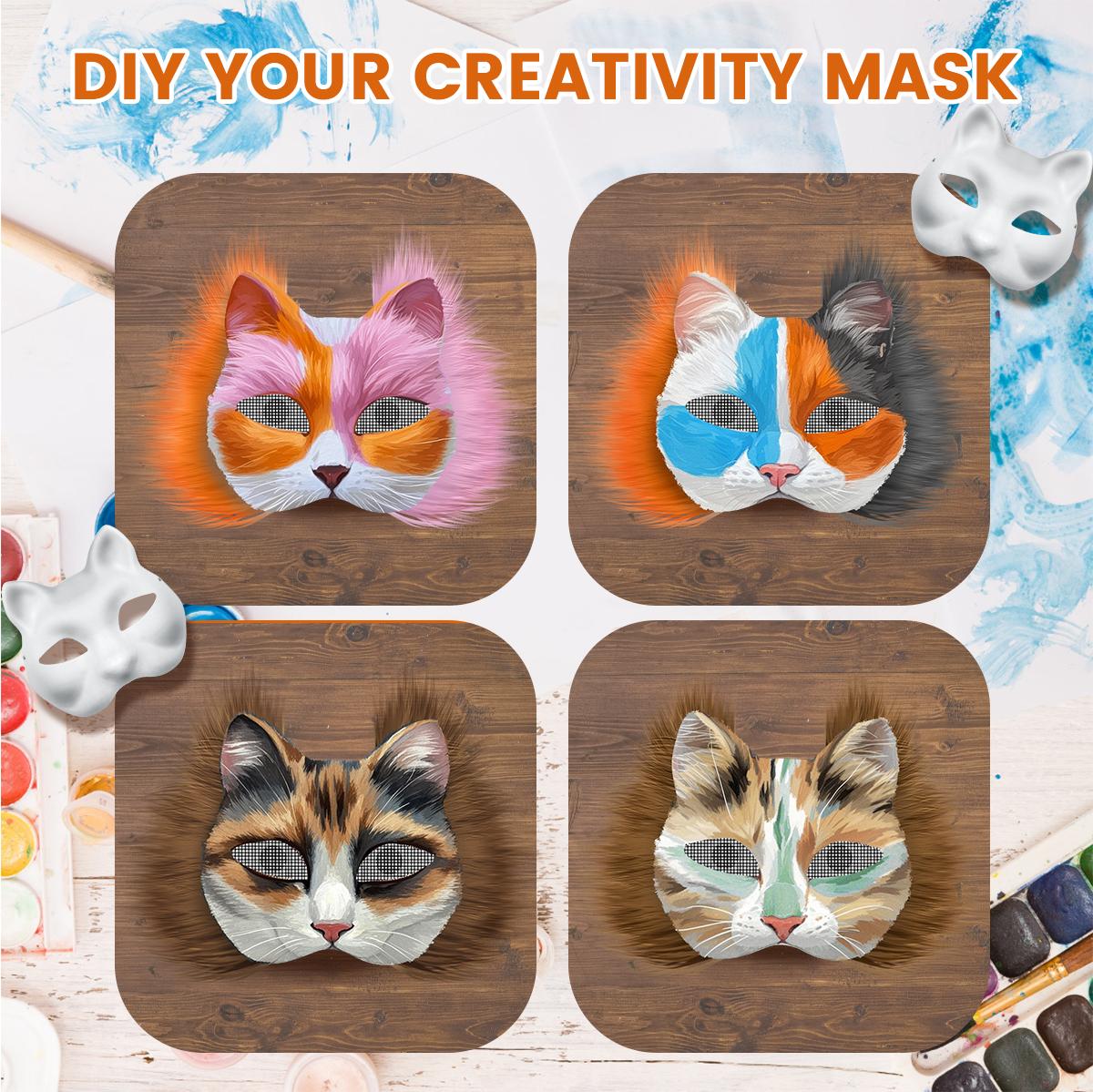 37Pcs Therian Cat Mask DIY Set White Cat Mask Base with Faux Fur Eye Mesh Whiskers and Painting Tools for Costume Party Cosplay Halloween Costume fnaf  mask Felt Kit, Accessories, Therian Mask