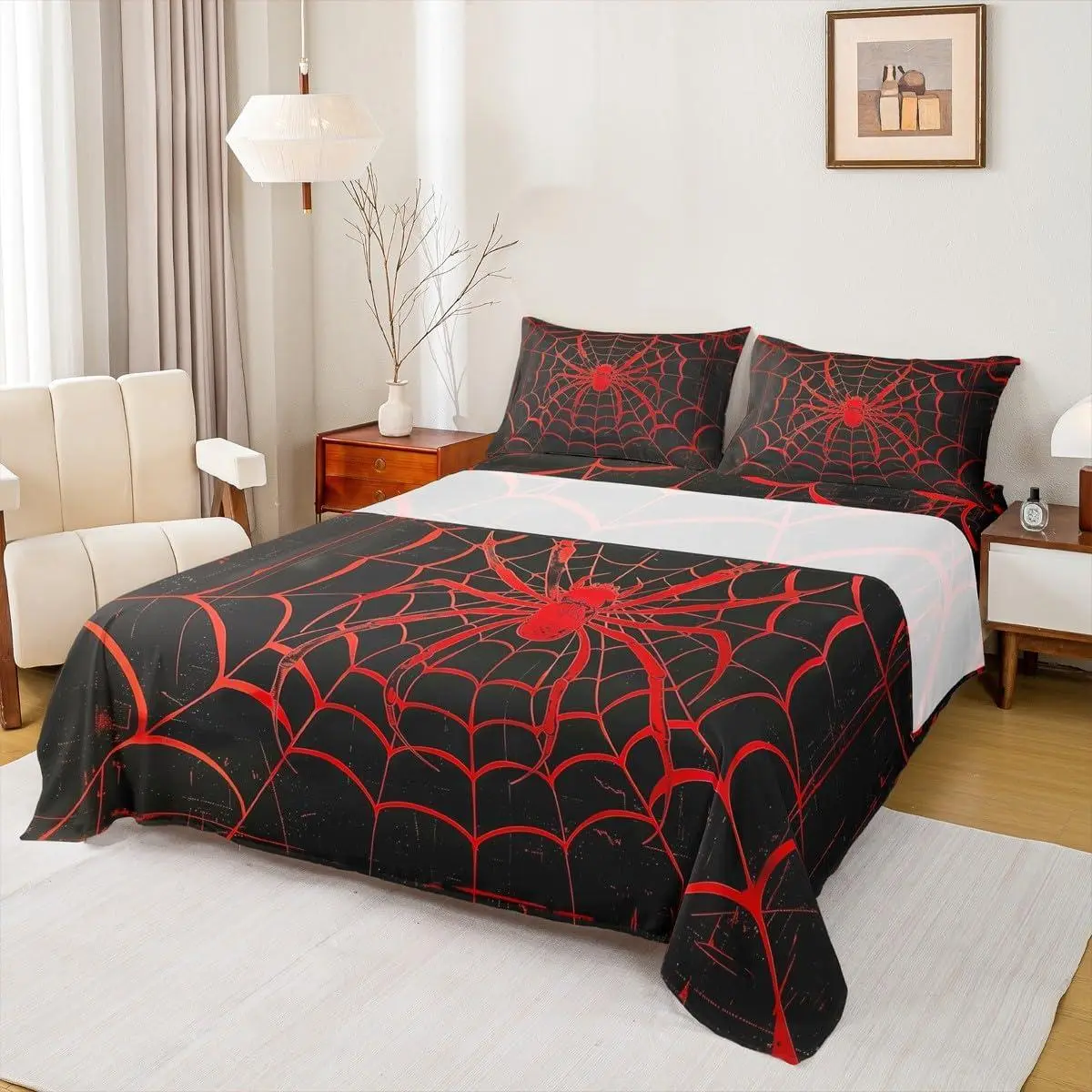 Feelyou Multi-Size Gothic Theme Halloween Bedding Set, Red Arachnid Print Spider Web Design with Deep Pockets Fitted Sheet, Flat Sheet + Pillowcases, Room Decor