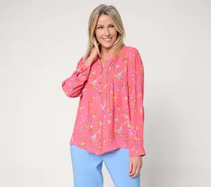 Joan Rivers Pleated Split-V Button-Front Georgette Floral Blouse