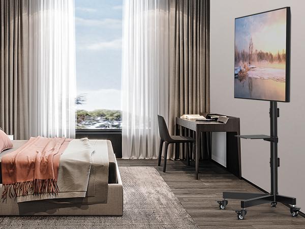 Forged Mobile TV Stand. Suitable for 23-65-inch LCD/LED flat-panel/curved TVs. 15° tilt TV cart. Capacity up to 88 lbs. Portable stand with laptop holder. Rolls flat to the floor. Lockable wheels. Max VESA 400x400mm. HeightAdjustable Portable TVStand with