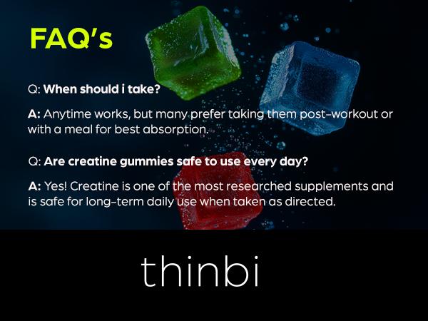 Thinbi Creatine Monohydrate Gummies 10000mg with L-Taurine & Vitamin B12 120 Sugar-Free Gummies for Muscle Strength & Energy Boost