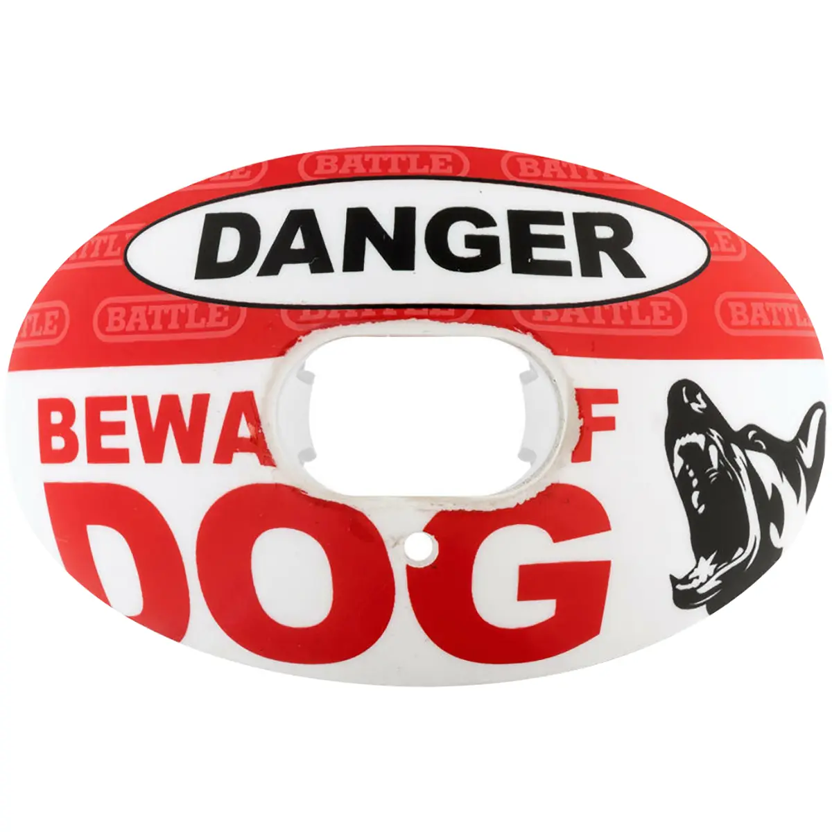 Battle Sports Beware Of Dog Patented Oxygen Lip Protector Mouth Guard - Red/White, Football Use, Maximum Breathability, Largest Breathing Hole, Advanced Composite, Absorber Shield, Helps Open TMJ, No Boiling Required, Better Performance, Training Ball Foo