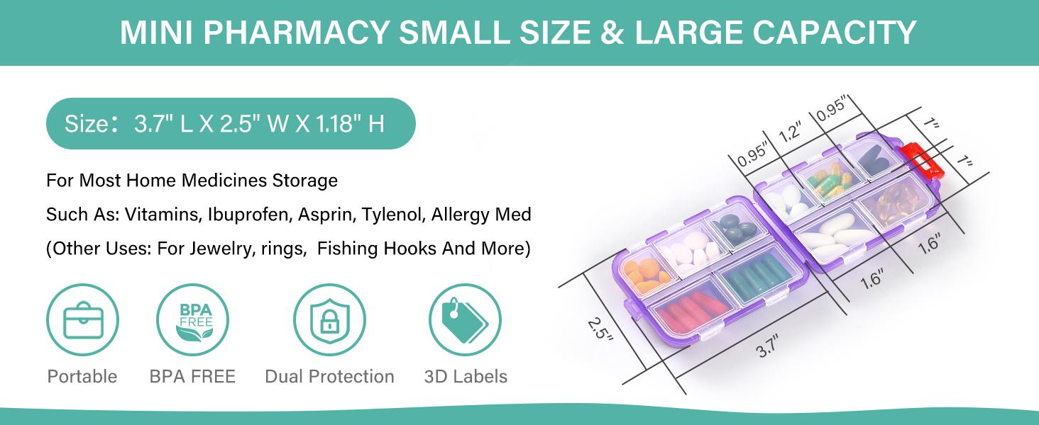 Travel Pill Organizer Box with 146 Labels, 10 Compartment Small Pill Case Medicine Kit, Portable Pocket Purse Pharmacy, Daily Weekly Vitamin Supplement Medication Holder