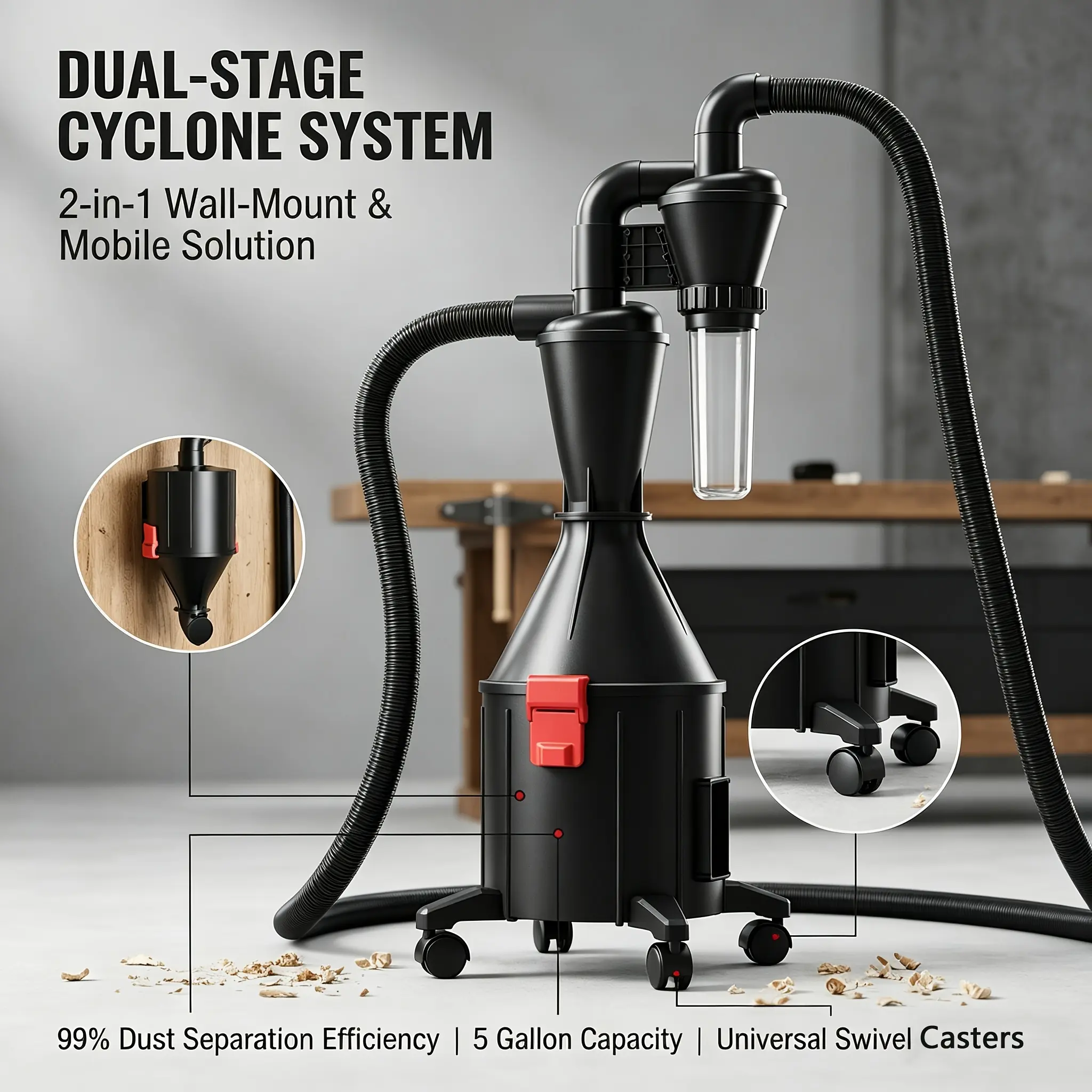 PEMEDOR 2-in-1 Cyclone Dust Collector, Wall-Mount or Wheeled Shop Vac Separator with 5-Gallon Bucket, 2m Hose & 2 to 2.5-Inch Adapter for Woodworking