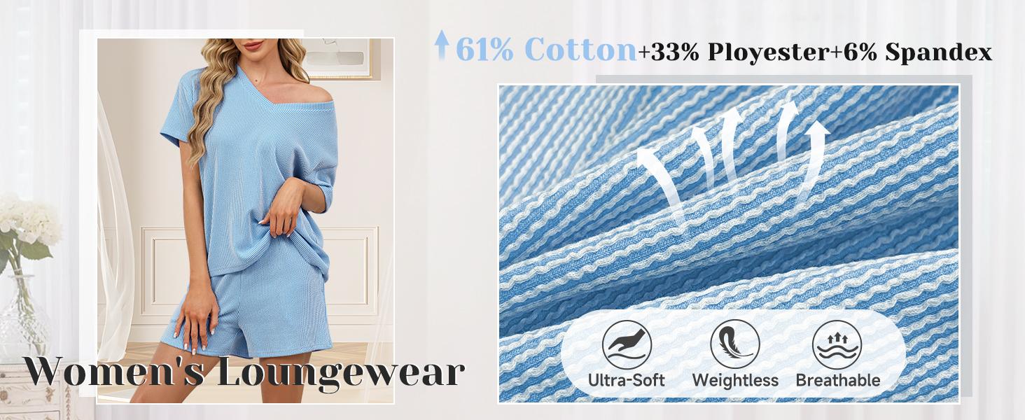 Women’s Ribbed 2 Piece Lounge Set, Short Sleeve Top and Shorts Matching Set for Casual Summer Outfits