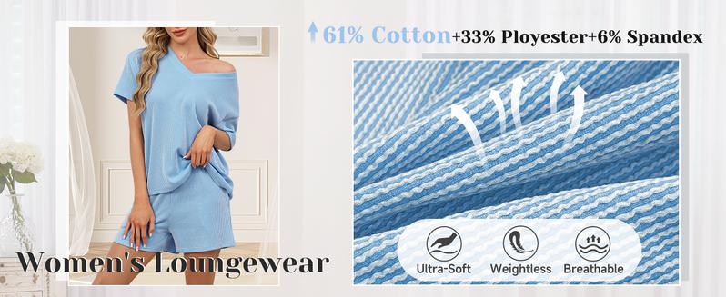 Miduo Women's 2 Piece Sets Ribbed Textured Knit Casual Short Sleeve Shirts Shorts Two Piece Lounge Matching Set for Spring Summer Fall Soft Womenswear