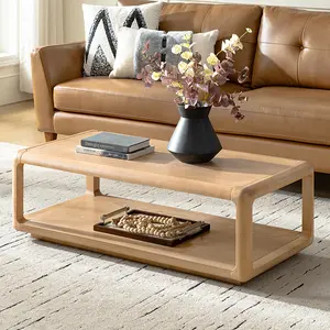HULALA HOME Arved Modern Solid Wood Coffee Table with Open Storage Compartment Rounded Corners for Living Room Natural Finish Wood Tabletop