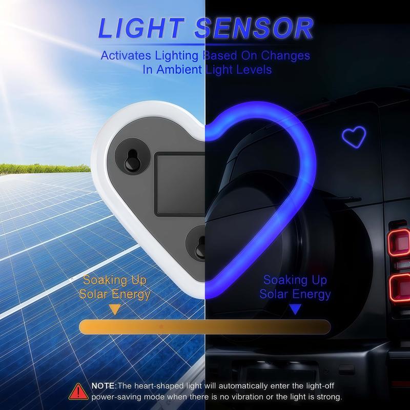 2PCS-Solar Powered Wireless LED Heart Shape C-Pillar Neon Light Eco-Friendly Modern Stylish Look for Car Interior Decor 9.57mm x 8.42mm x 15.36mm