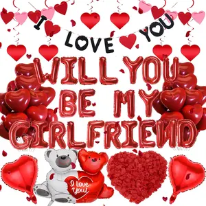 Will You Be My Girlfriend - 552 count Balloons Banner Pull Flag Foil Love Bear Red Heart Balloon Hanging Swirls Rose Petals For Romantic Special Night Decorations Engagements Proposals Valentine Day