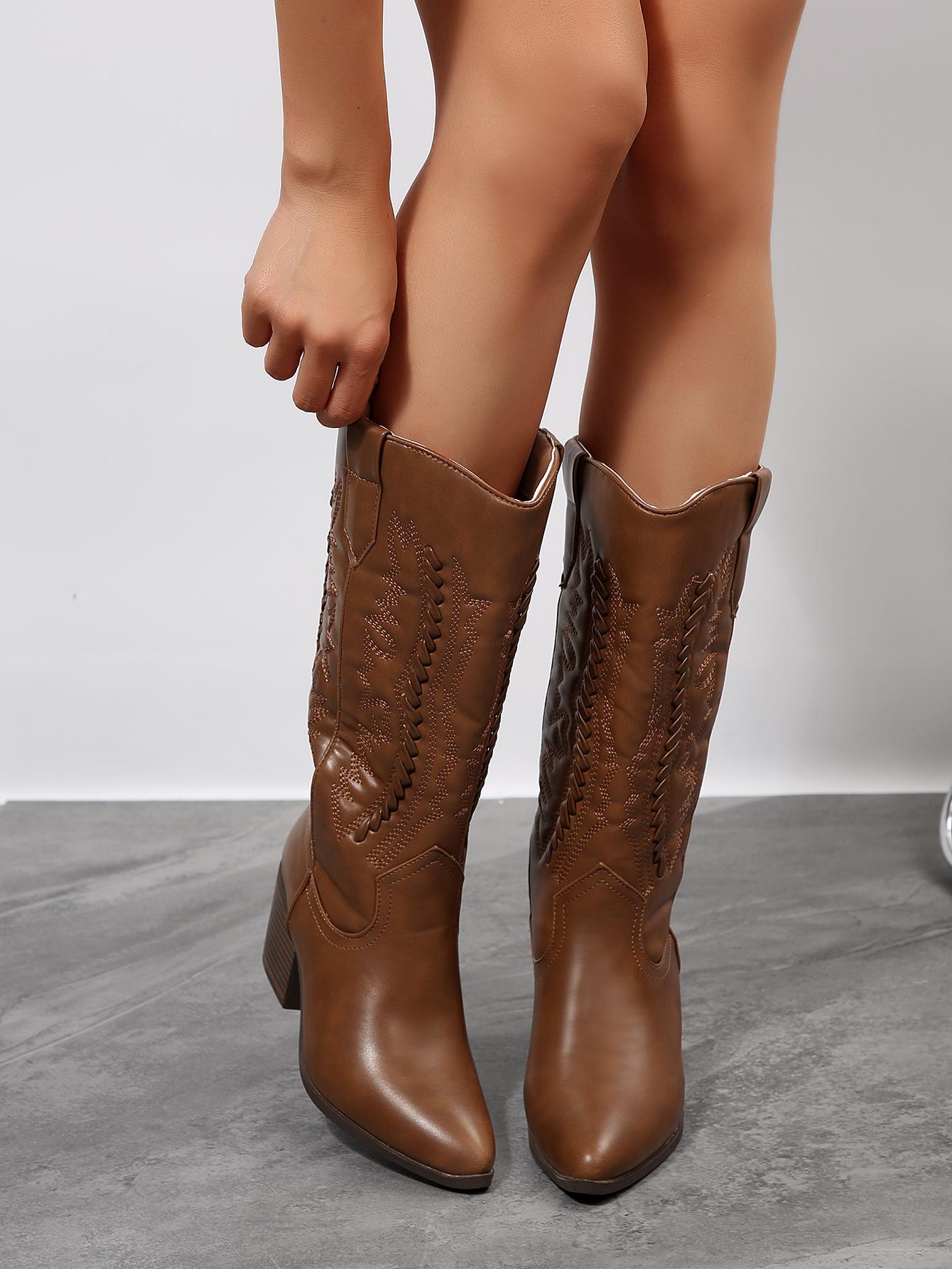 Women's Vintage Embroidered Chunky Heel Boots, Winter Womensfashion Shoe, Casual Daily Walking Boots for Women, Cozy Fall Winter Footwear, Perfect Valentine's Day Gift