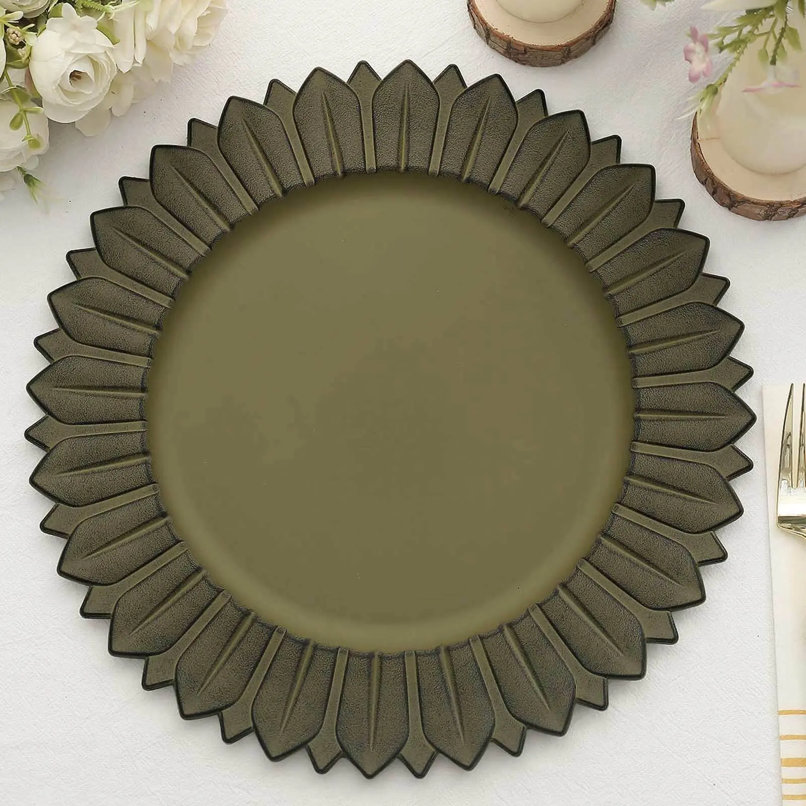 6-Piece 13" Round Plastic Party Plates - Olive Green with Floral Sunflower Rim, Matte Finish Disposable Dinner Charger Tableware for Home & Festive Use
