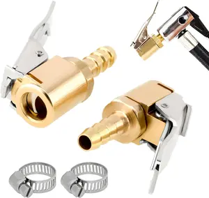 2 PCS Tire Air Chuck with Clamps, Brass Tire Inflator Hose Adapter with Barb Connector, Tire Inflator Nozzle Locking Chuck Set for Air Compressor Pump, Car Accessories
