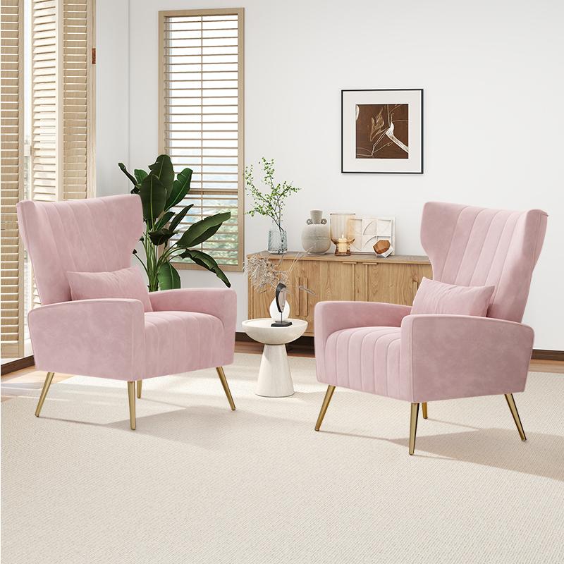 Velvet Accent Chair Wingback for Living Room, High Back Arm Chair with Golden Legs Lumbar Pillow, Upholstered Single Sofa Bedroom Beige