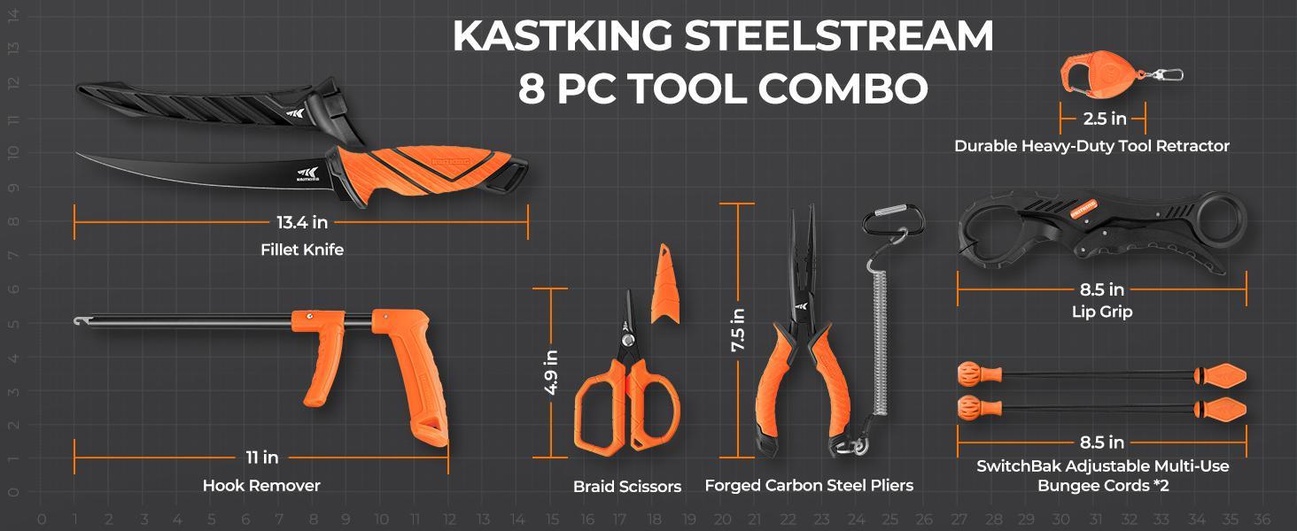 KastKing SteelStream/ ToughTide Fishing Tool Kit - Fishing Pliers with Lanyard, Fillet Knife, Floating Fish Lip Gripper, Fishing Braid Scissors, Tool Retractor, Fishing Hook Remover, Bungee Cords ToughTide Tools Kits Carabiner Outdoorfun KastKing SteelStream/ ToughTide Fishing Tool Kit - Fishing Pliers with Lanyard, Fillet Knife, Floating Fish Lip Gripper, Fishing Braid Scissors, Tool Retractor, Fishing Hook Remover, Bungee Cords ToughTide Tools Kits Carabiner Outdoorfun