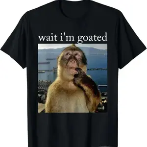 100%Cotton Wait I'm Goated Funny Thinking Monkey Meme Brainrot Gift T-Shirt,Valentine's Day Gift.
