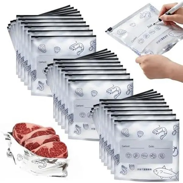 New 30PCS Fresh preservation bag Reusable Aluminum Foil Food Storage Bags, Resealable Stand Up Zip Lock Freezer Pouches with Label, 10S+10M+10L Vacuum Seal Bags