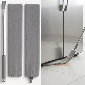 Flat Gap Dust Cleaner with Extendable Pole,Retractable Under Appliance Duster with 2 Washable Microfiber Pads, Slim Flexible Gap Mop for Cleaning Under Bed Sofa Cabinet Refrigerator Gray