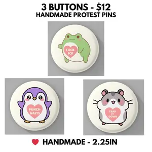 Cute Chaos Protest Buttons with Rebel Slogans, 2.25 in Cartoonish Handmade Pin-Back Accessories for Unisex Activism
